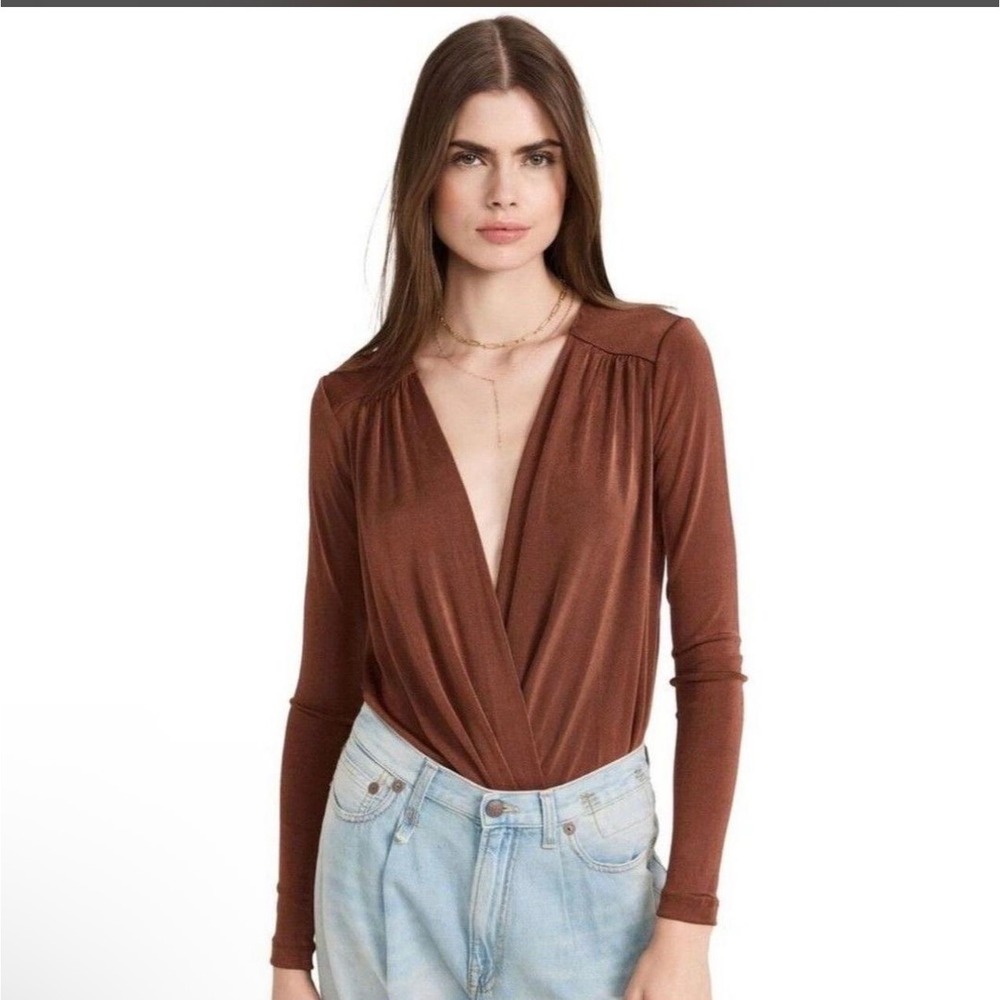 Intimately Free People Keep It Sleek Bodysuit Cedar Brown Long Sleeve Wrap Small